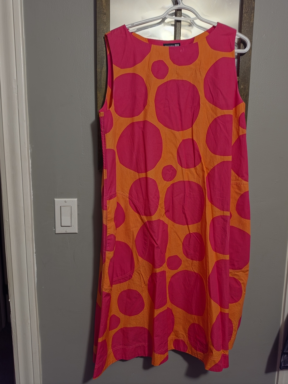 Marimekko UNIQLO Orange and Pink Sleeveless Midi Dress with Bold Polka Dot Print